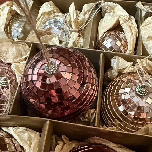 Crate&Barrel Rosy Red, Silver, Pink Disco Ball Ornaments Set 12 - Picture 8 of 14